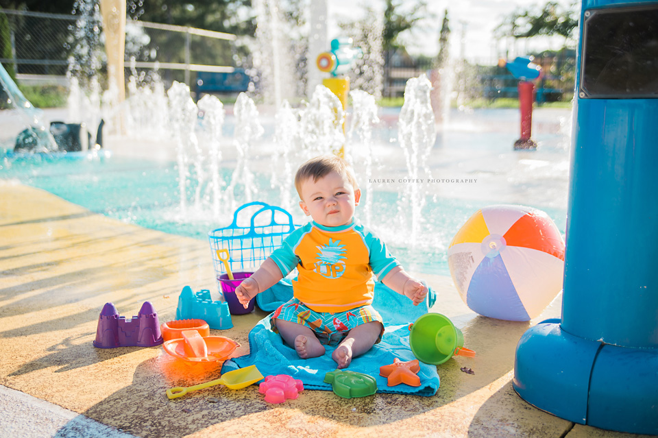 Lauren Coffey Photography, LLC beach bum portrait, beach bum session, beach pictures, 6 month pictures, splash pad pictures, summer pictures, summer toddler pictures