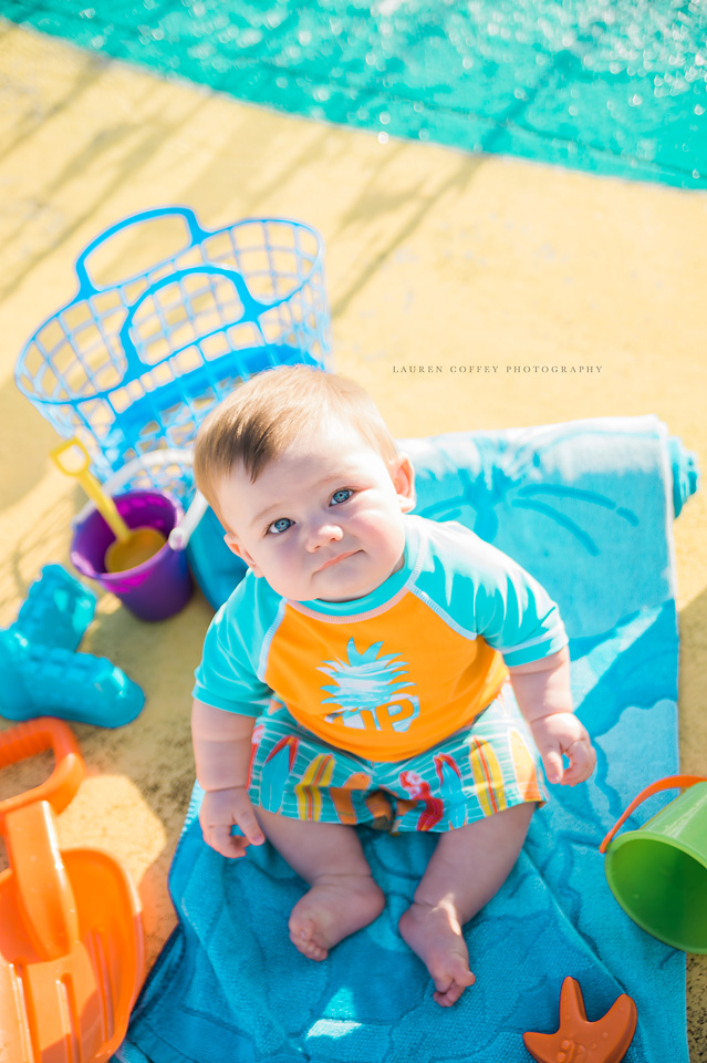 Lauren Coffey Photography, LLC beach bum portrait, beach bum session, beach pictures, 6 month pictures, splash pad pictures, summer pictures, summer toddler pictures